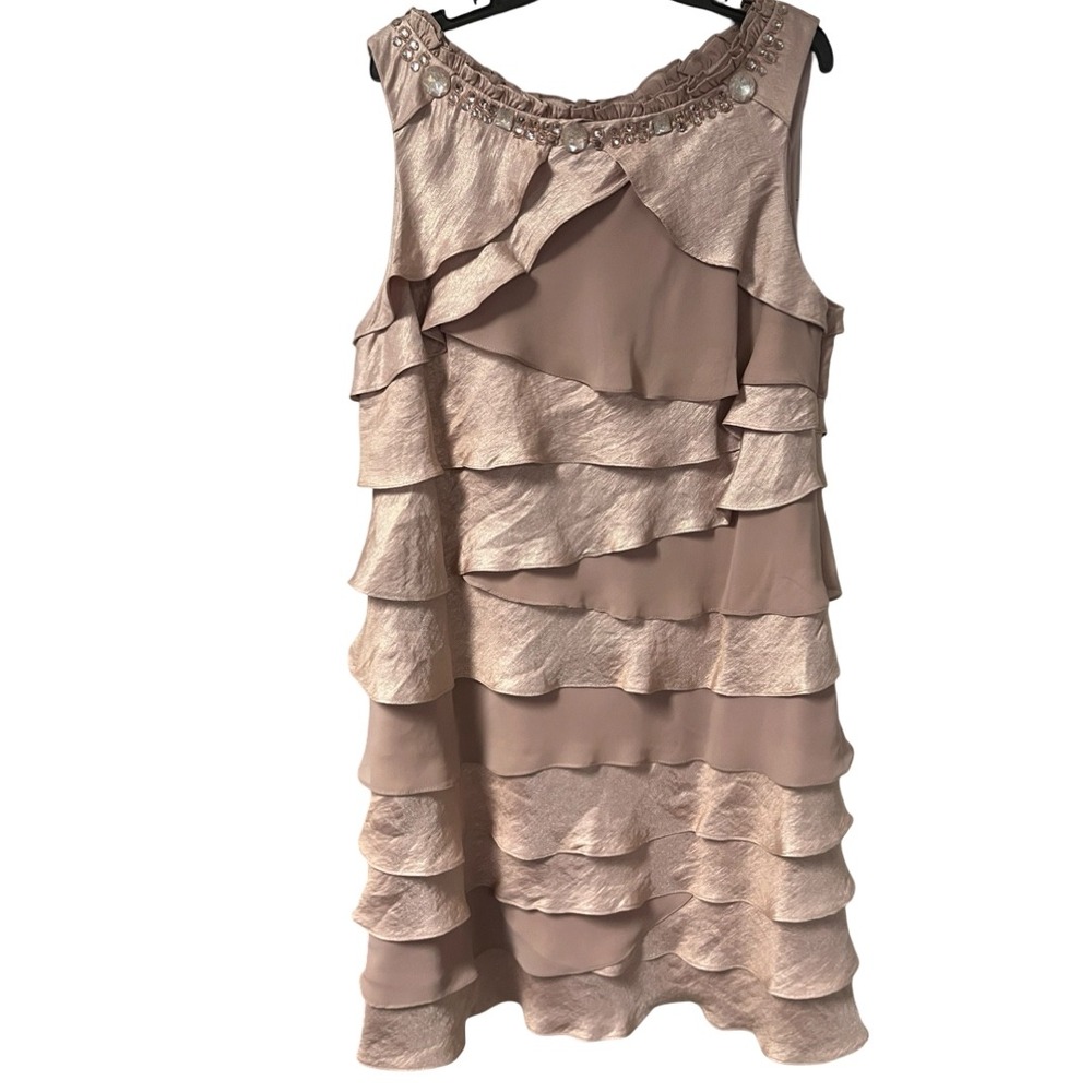 S.L. Fashions Womens Tiered Ruffle Rhinestone Neck Dress‎ Champagne Pink Size 22